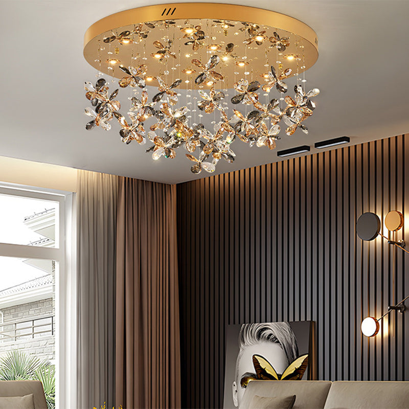 مصباح سقف LED دائري بتصميم فراشة من الفولاذ المقاوم للصدأ والكريستال الفاخر الحديث لغرفة المعيشة وغرفة النوم