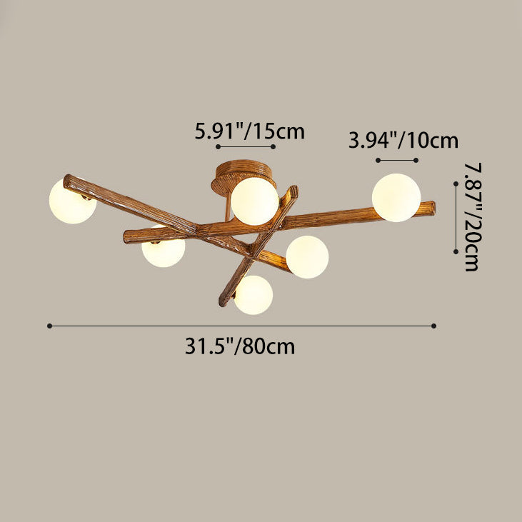 Traditional Farmhouse Acrylic Metal & Resin Branch Frosted Ball 3/6/9/12/15-Light Semi-Flush Mount Ceiling Light For Living Room & Bedroom