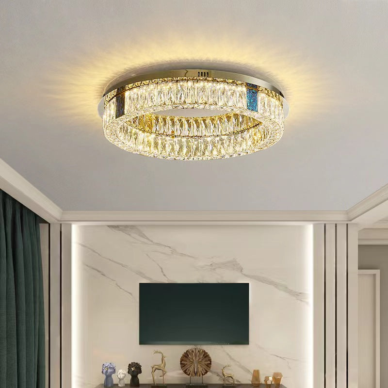 Modern Luxury Shell Stainless Steel & Crystal Round Multi-Layered LED Flush Mount Ceiling Light For Bedroom & Living Room
