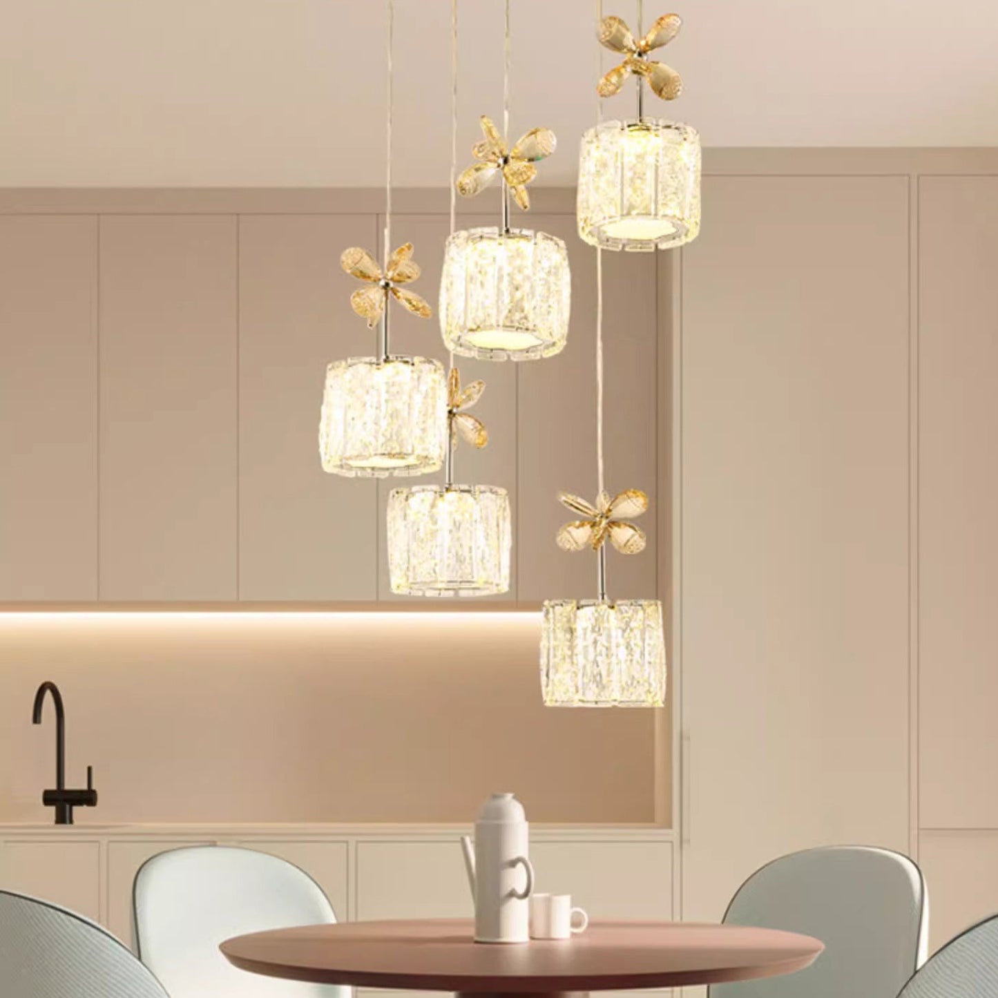 Modern Luxury Crystal & Stainless Steel Raindrop Cylinder Petal LED Chandelier Island Light For Dining Room & Living Room