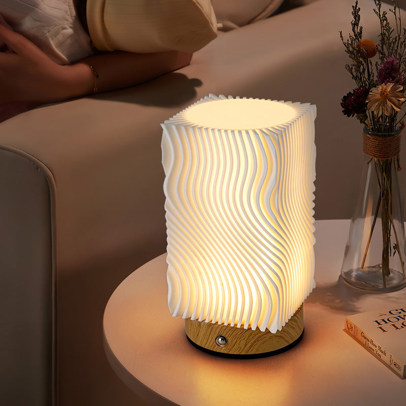 Contemporary Nordic Rechargeable Acrylic Wood Cylinder With Ripple Texture LED Table Lamp Night Light For Bedside