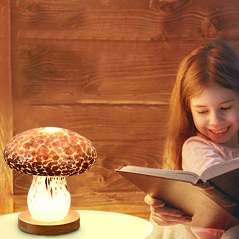 Modern Art Deco Rechargeable Glass & Wood Mushroom LED Table Lamp Night Light For Bedroom