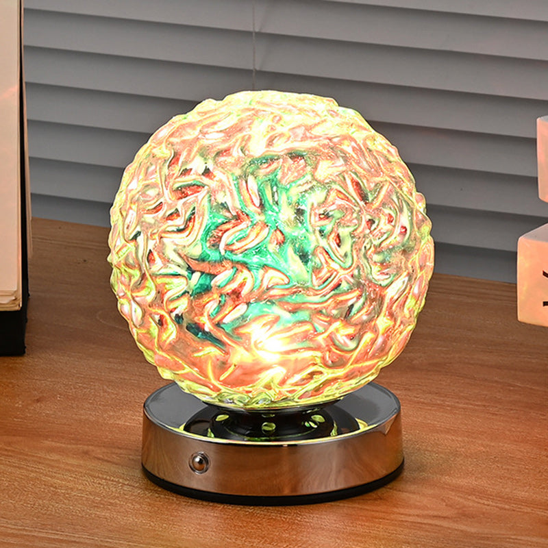 Modern Art Deco Rechargeable Glass & Metal Spherical Pineapple Ripple LED Table Lamp Night Light For Bedroom