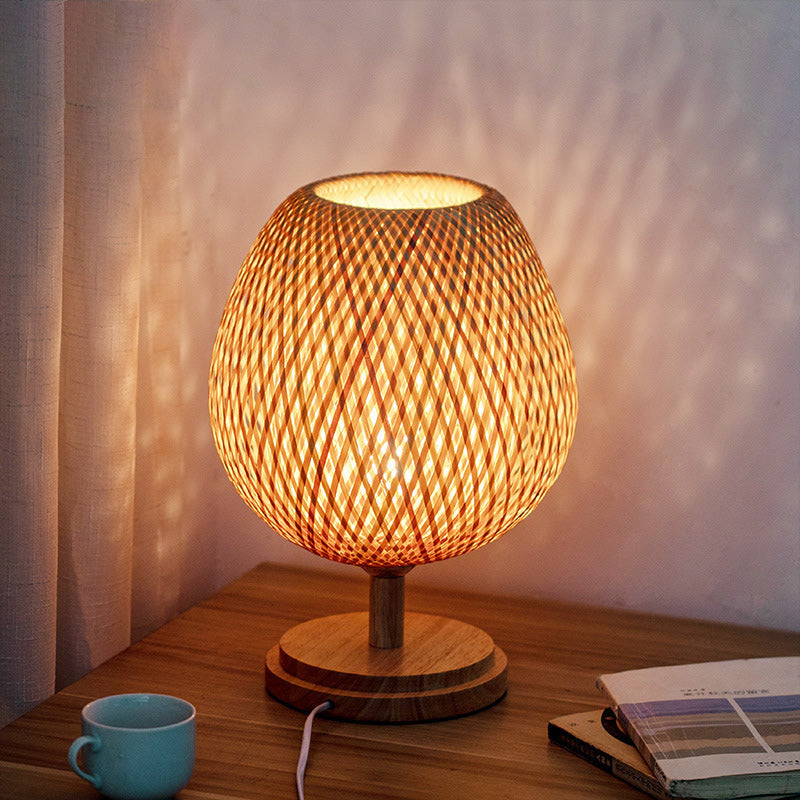 Traditional Japanese Weaving Bamboo Wood & Metal Oval 1-Light Table Lamp For Bedroom & Dining Room