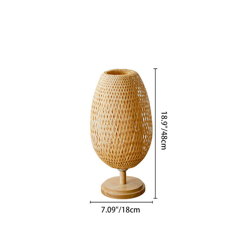 Traditional Japanese Weaving Bamboo Wood & Metal Oval 1-Light Table Lamp For Bedroom & Dining Room