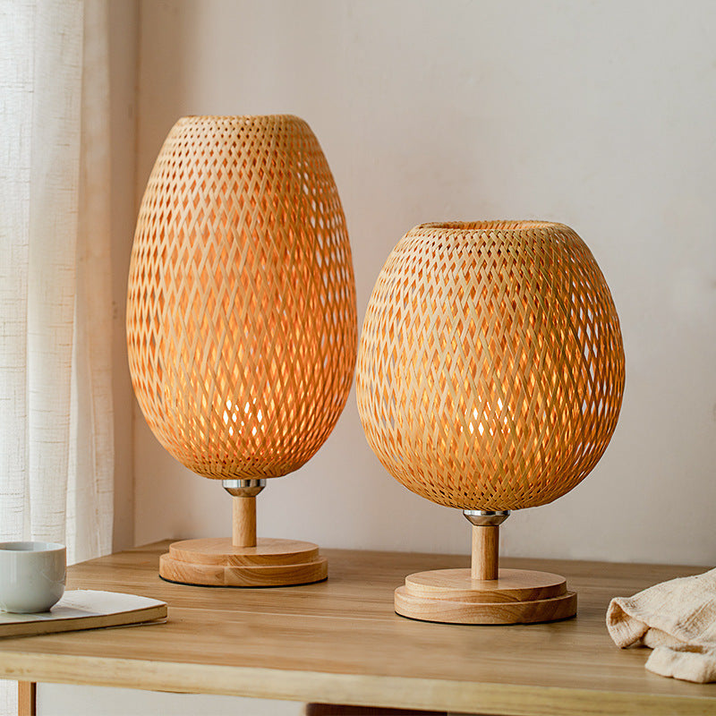 Traditional Japanese Weaving Bamboo Wood & Metal Oval 1-Light Table Lamp For Bedroom & Dining Room
