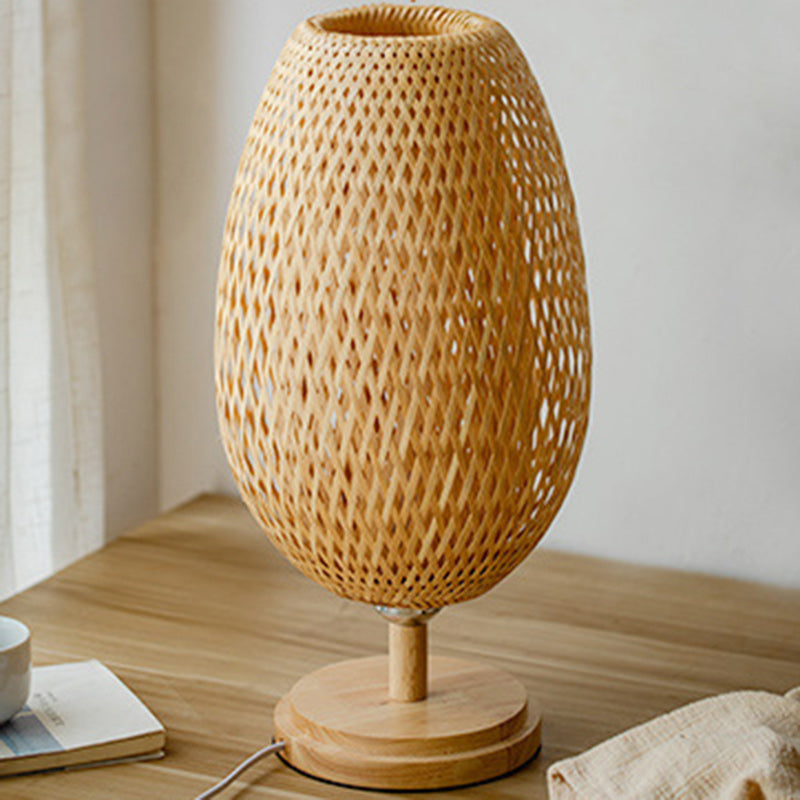 Traditional Japanese Weaving Bamboo Wood & Metal Oval 1-Light Table Lamp For Bedroom & Dining Room