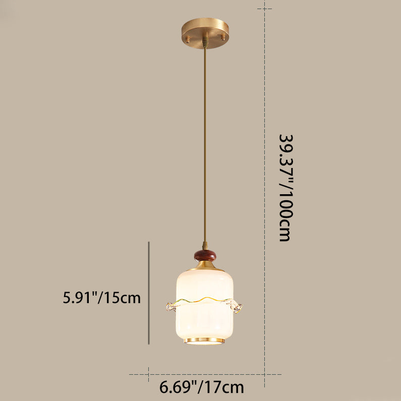 Traditional Chinese Brass Glass & Wood Cylindrical Wavy Edge Fixture 1/3/5-Light Pendant Light For Dining Room & Living Room