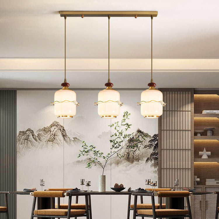 Traditional Chinese Brass Glass & Wood Cylindrical Wavy Edge Fixture 1/3/5-Light Pendant Light For Dining Room & Living Room