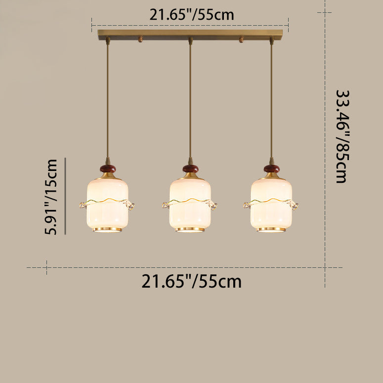 Traditional Chinese Brass Glass & Wood Cylindrical Wavy Edge Fixture 1/3/5-Light Pendant Light For Dining Room & Living Room