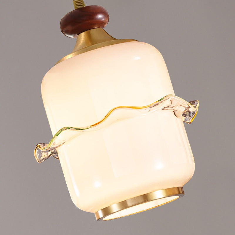 Traditional Chinese Brass Glass & Wood Cylindrical Wavy Edge Fixture 1/3/5-Light Pendant Light For Dining Room & Living Room