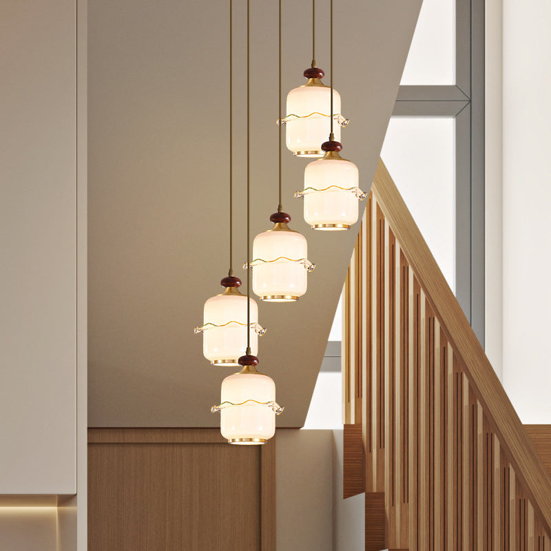 Traditional Chinese Brass Glass & Wood Cylindrical Wavy Edge Fixture 1/3/5-Light Pendant Light For Dining Room & Living Room
