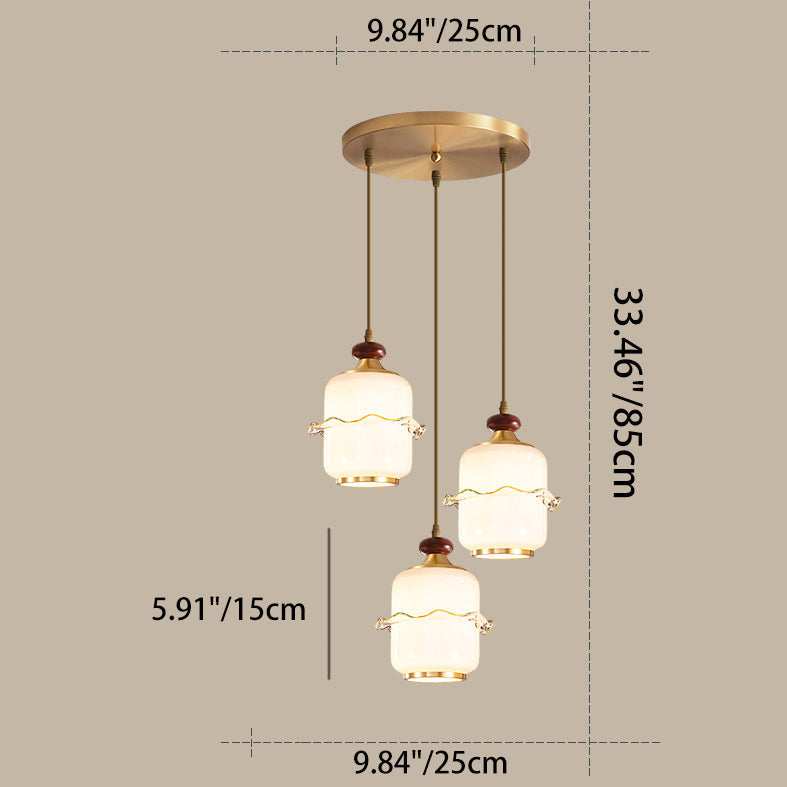 Traditional Chinese Brass Glass & Wood Cylindrical Wavy Edge Fixture 1/3/5-Light Pendant Light For Dining Room & Living Room