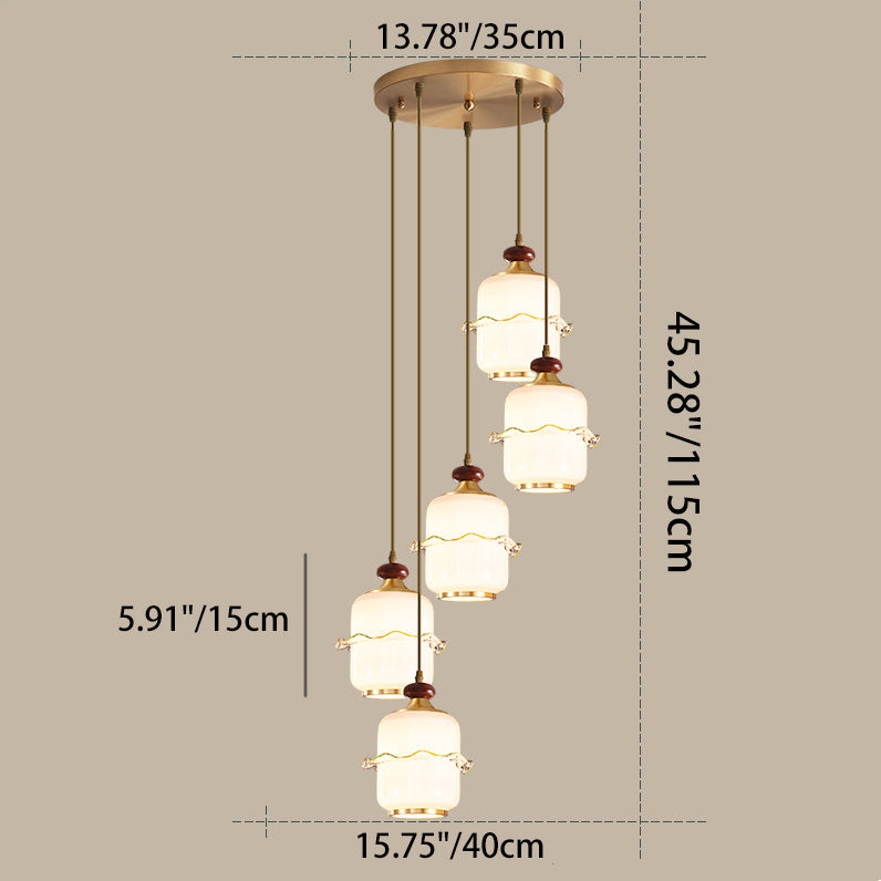 Traditional Chinese Brass Glass & Wood Cylindrical Wavy Edge Fixture 1/3/5-Light Pendant Light For Dining Room & Living Room
