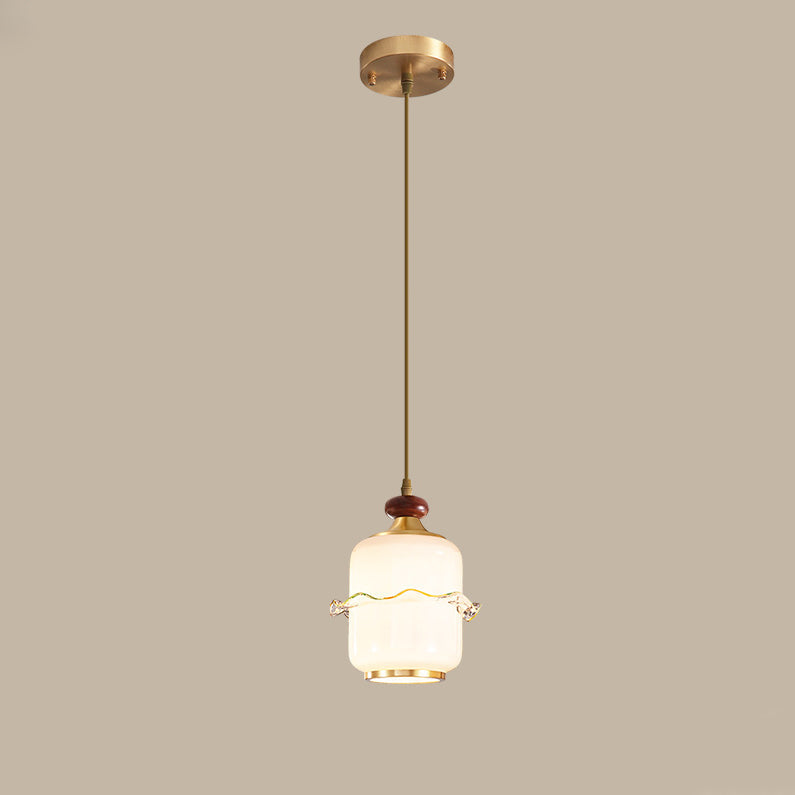 Traditional Chinese Brass Glass & Wood Cylindrical Wavy Edge Fixture 1/3/5-Light Pendant Light For Dining Room & Living Room