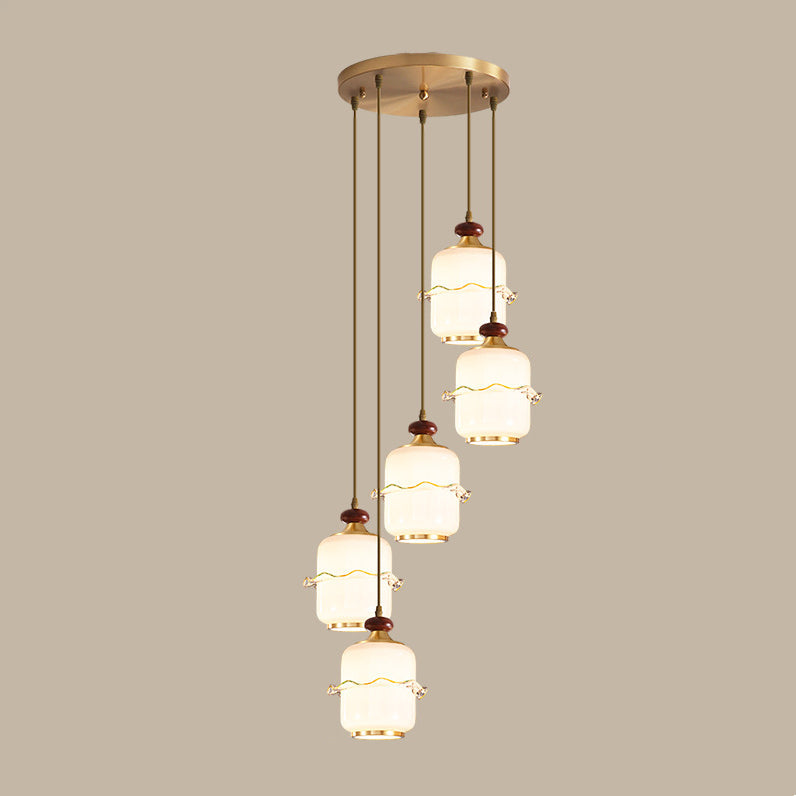 Traditional Chinese Brass Glass & Wood Cylindrical Wavy Edge Fixture 1/3/5-Light Pendant Light For Dining Room & Living Room
