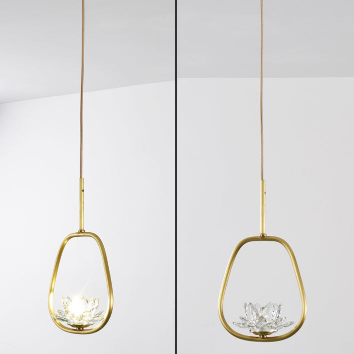 Traditional Chinese Brass & Crystal Lotus Oval 1-Light Pendant Light For Bedroom & Dining Room