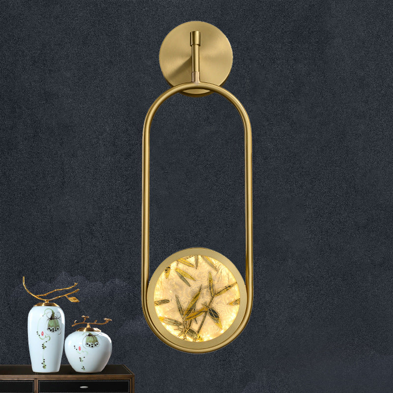 Traditional Chinese Brass Aluminum Glass Oval Bamboo Leaf LED Wall Sconce Lamp For Bedside