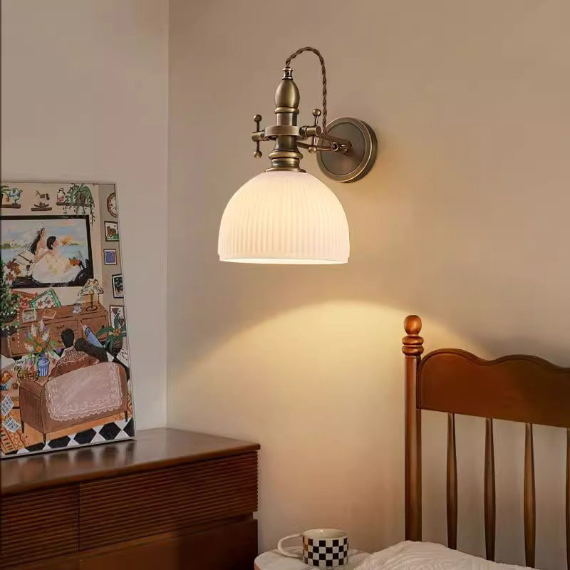Traditional Vintage Brass Glass Semi-Circular Trumpet Adjustable 1-Light Wall Sconce Lamp For Bedside