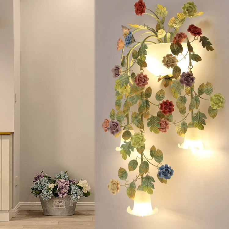 Traditional Farmhouse Iron Ceramic Glass Rose Floral Decorative 5-Light Wall Sconce Lamp For Living Room And Bedroom