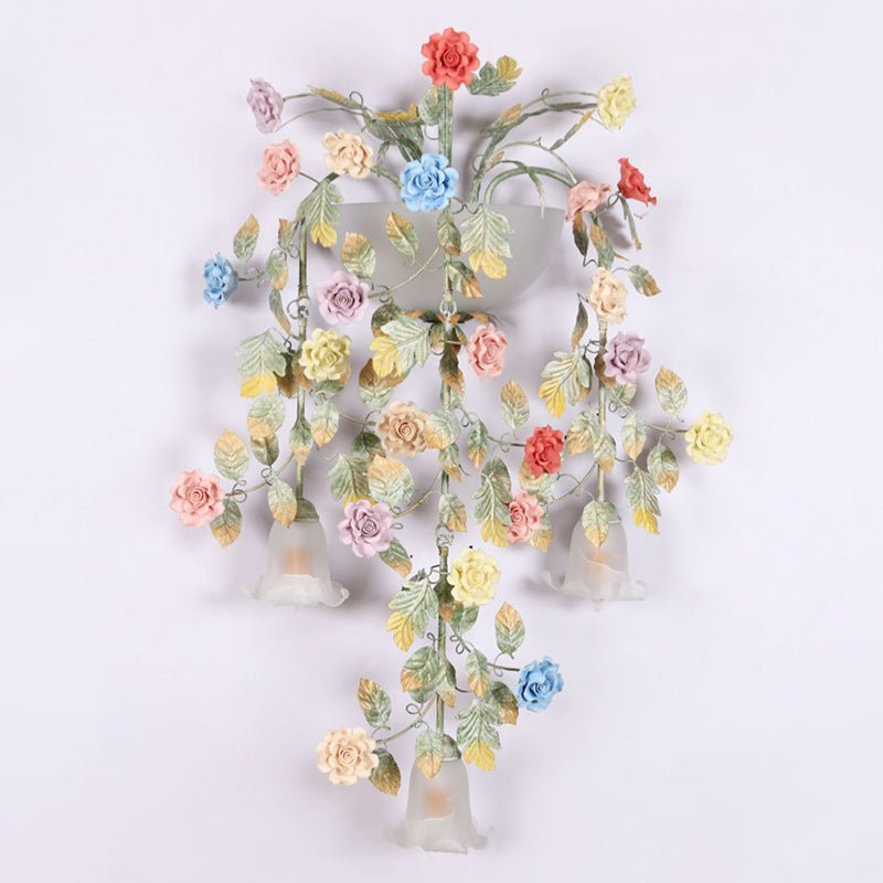 Traditional Farmhouse Iron Ceramic Glass Rose Floral Decorative 5-Light Wall Sconce Lamp For Living Room And Bedroom