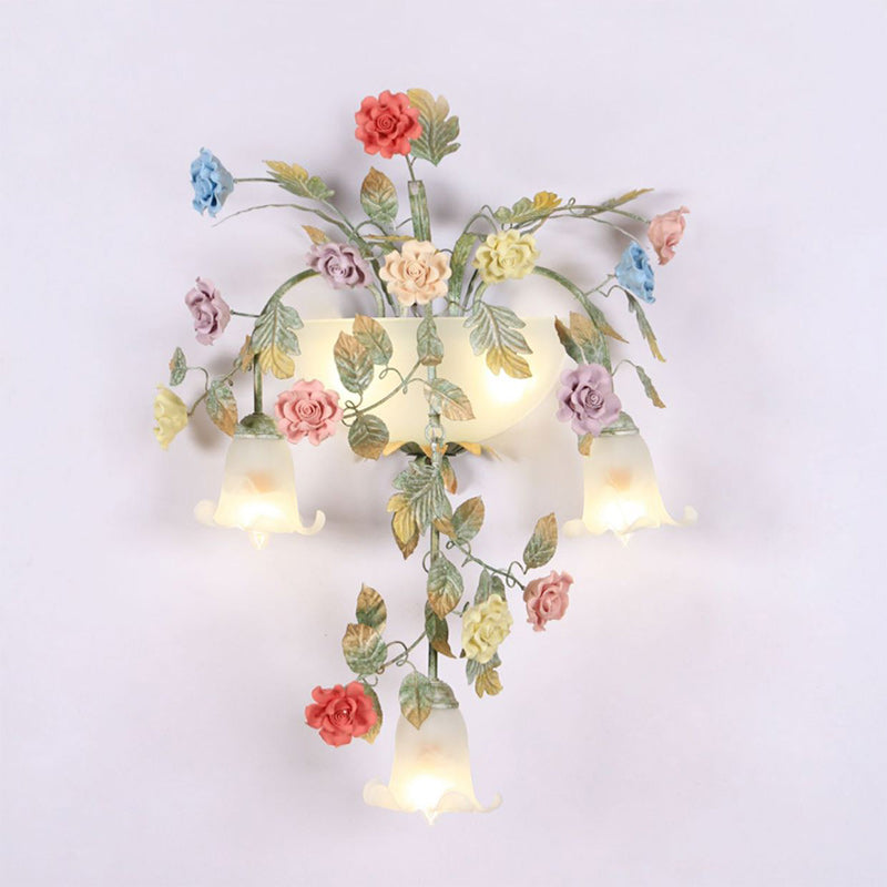 Traditional Farmhouse Iron Ceramic Glass Rose Floral Decorative 5-Light Wall Sconce Lamp For Living Room And Bedroom