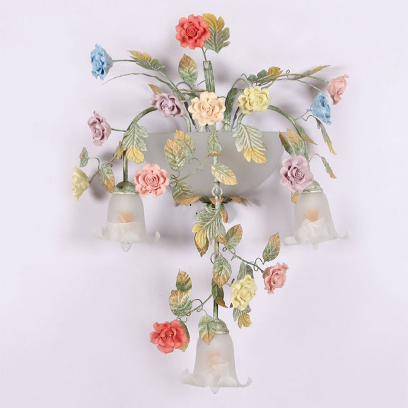 Traditional Farmhouse Iron Ceramic Glass Rose Floral Decorative 5-Light Wall Sconce Lamp For Living Room And Bedroom