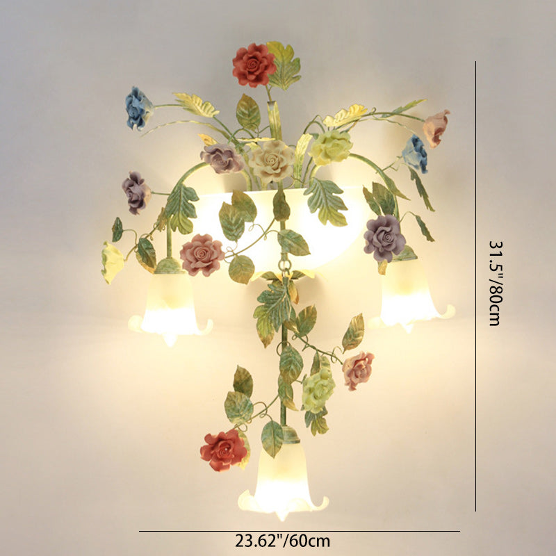 Traditional Farmhouse Iron Ceramic Glass Rose Floral Decorative 5-Light Wall Sconce Lamp For Living Room And Bedroom