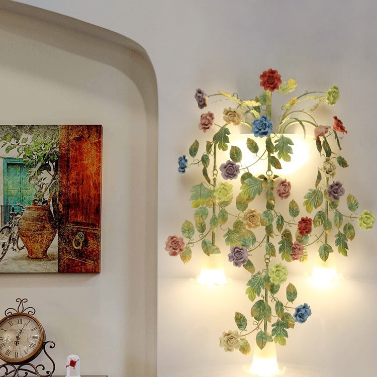 Traditional Farmhouse Iron Ceramic Glass Rose Floral Decorative 5-Light Wall Sconce Lamp For Living Room And Bedroom