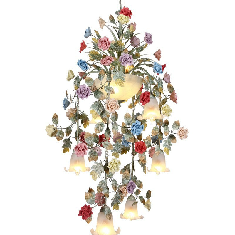 Traditional Farmhouse Iron Ceramic Glass Rose Floral Decorative 5-Light Wall Sconce Lamp For Living Room And Bedroom