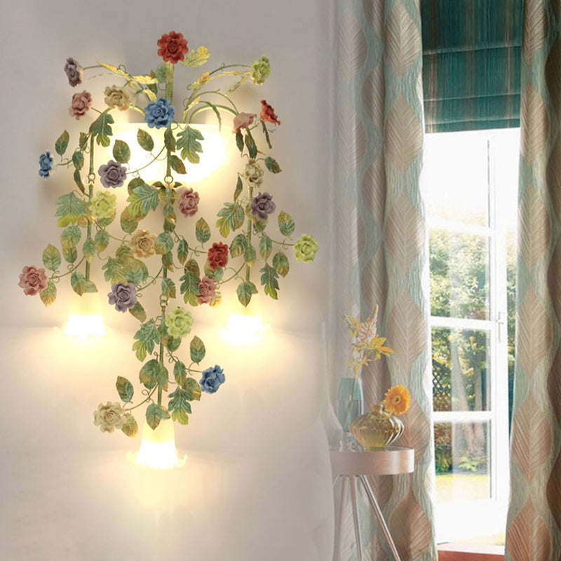 Traditional Farmhouse Iron Ceramic Glass Rose Floral Decorative 5-Light Wall Sconce Lamp For Living Room And Bedroom