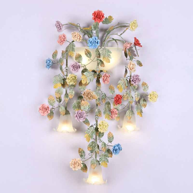Traditional Farmhouse Iron Ceramic Glass Rose Floral Decorative 5-Light Wall Sconce Lamp For Living Room And Bedroom