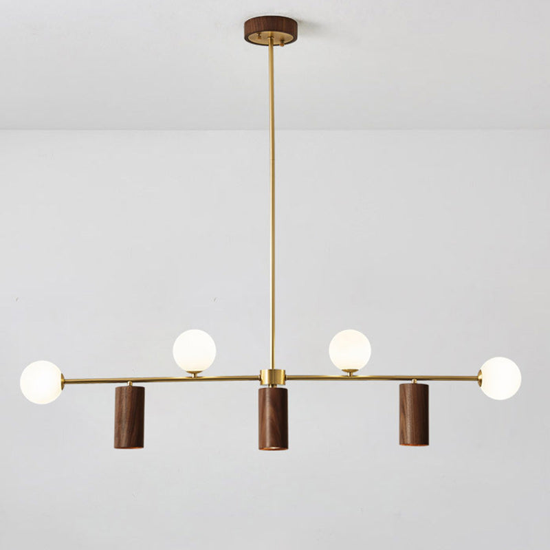 Contemporary Nordic Walnut Brass Glass Ball & Cylinder Spotlight 4-Light LED Chandelier Island Light For Dining Room