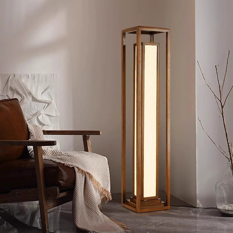 Traditional Japanese Ash Wood Fabric Cuboid LED Floor Lamp For Living Room And Bedroom