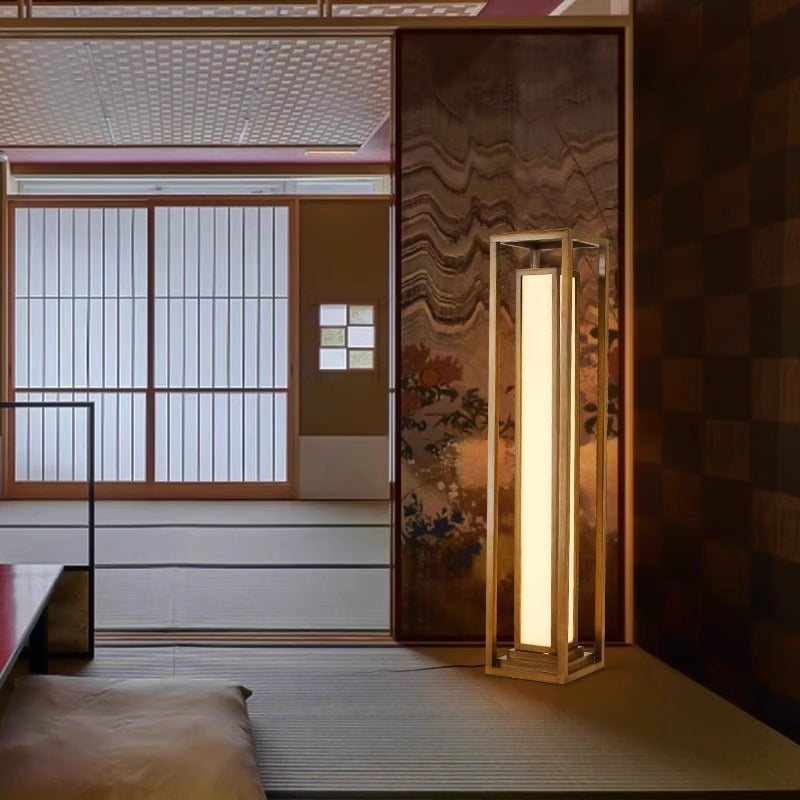 Traditional Japanese Ash Wood Fabric Cuboid LED Floor Lamp For Living Room And Bedroom