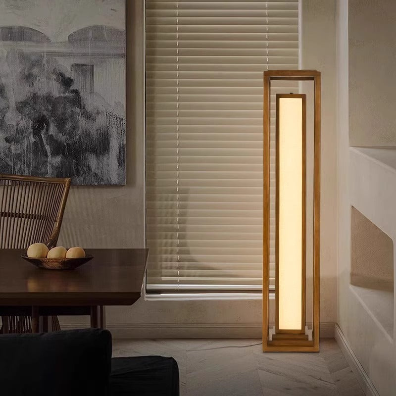Traditional Japanese Ash Wood Fabric Cuboid LED Floor Lamp For Living Room And Bedroom