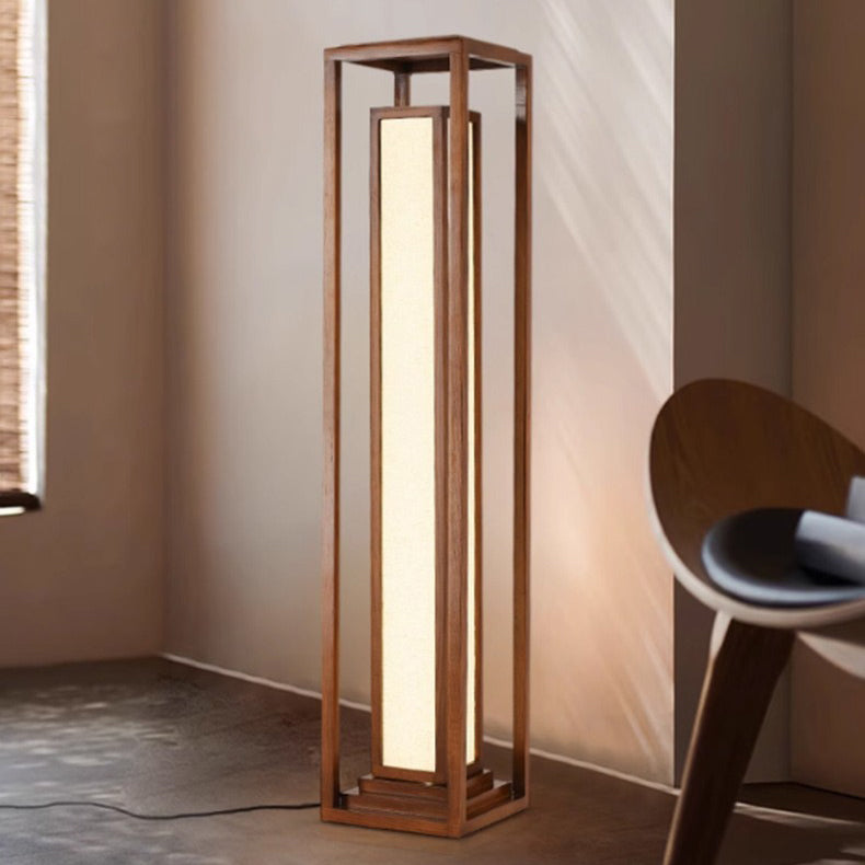 Traditional Japanese Ash Wood Fabric Cuboid LED Floor Lamp For Living Room And Bedroom