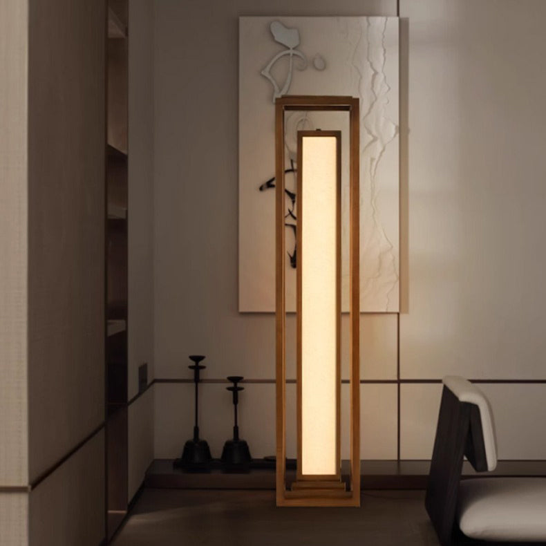 Traditional Japanese Ash Wood Fabric Cuboid LED Floor Lamp For Living Room And Bedroom