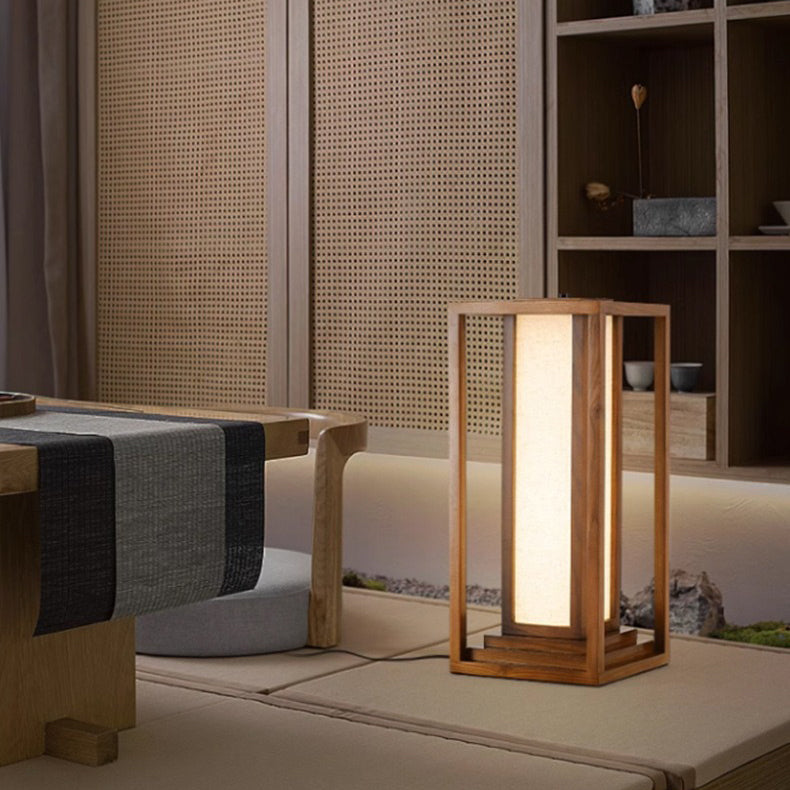Traditional Japanese Ash Wood Fabric Cuboid LED Floor Lamp For Living Room And Bedroom