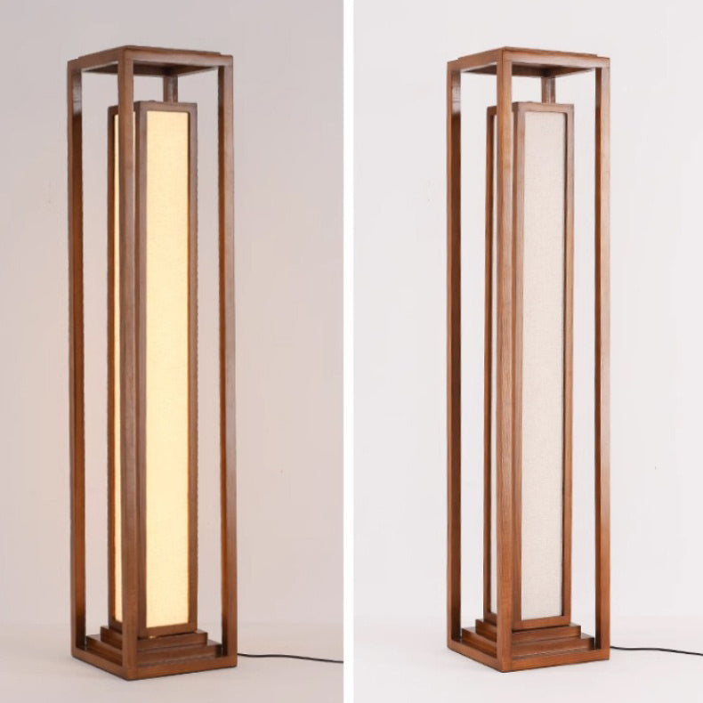 Traditional Japanese Ash Wood Fabric Cuboid LED Floor Lamp For Living Room And Bedroom