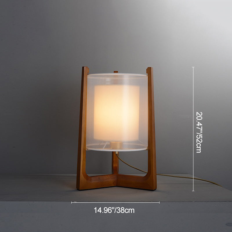 Traditional Japanese Fabric Solid Ash Wood & Brass Cylindrical 1-Light Standing Floor Lamp For Living Room And Bedroom