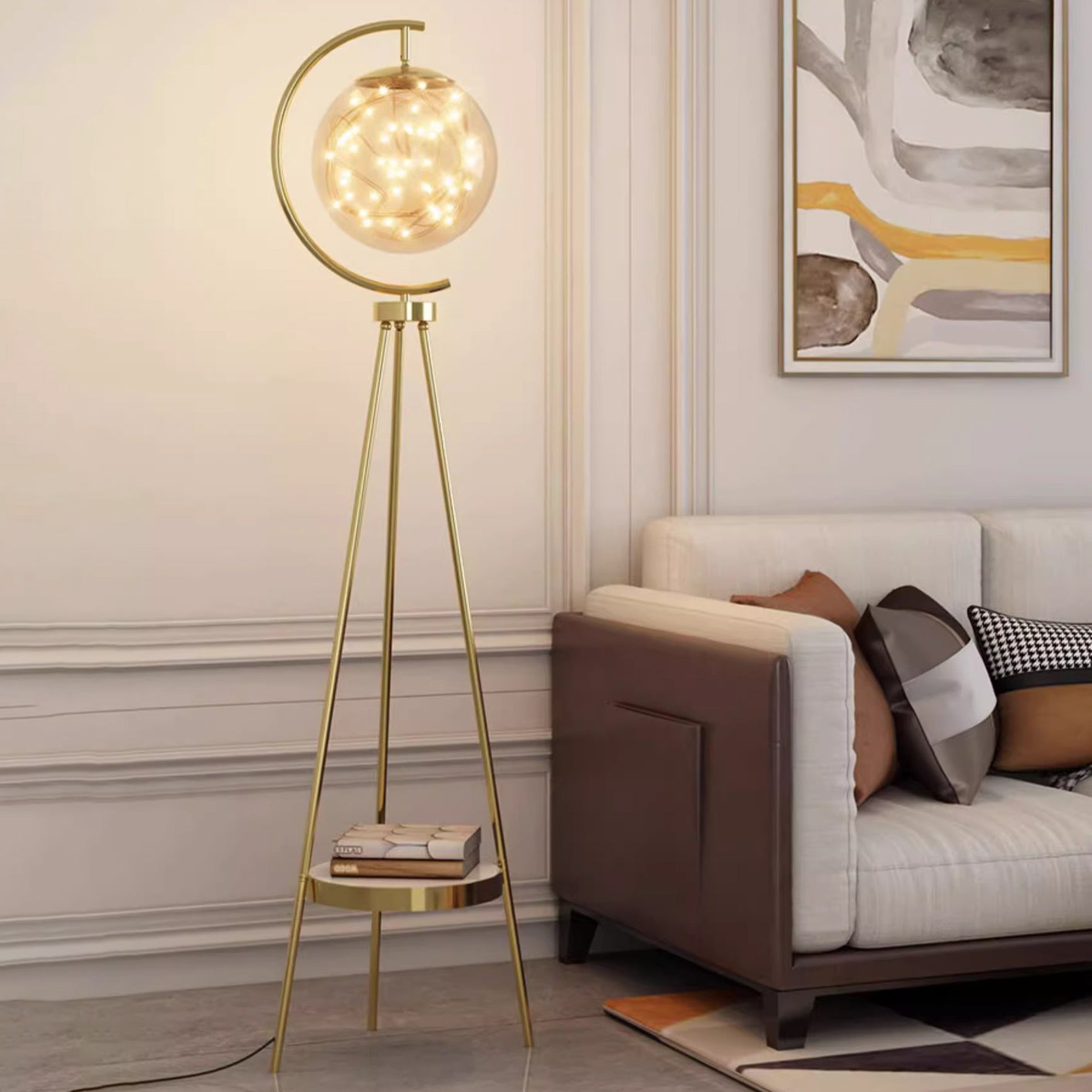Contemporary Nordic Glass & Metal Starry Globe LED Standing Floor Lamp With Shelf For Living Room And Bedroom
