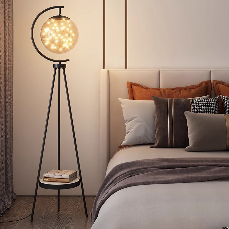 Contemporary Nordic Glass & Metal Starry Globe LED Standing Floor Lamp With Shelf For Living Room And Bedroom