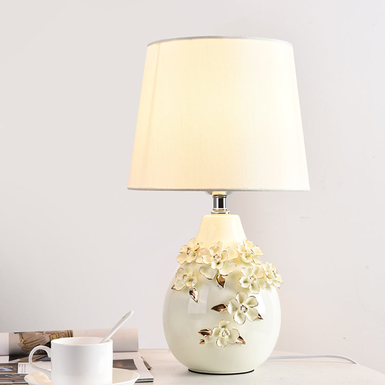 Contemporary Nordic Ceramic Fabric Floral Column 1-Light Table Lamp For Bedroom And Living Room