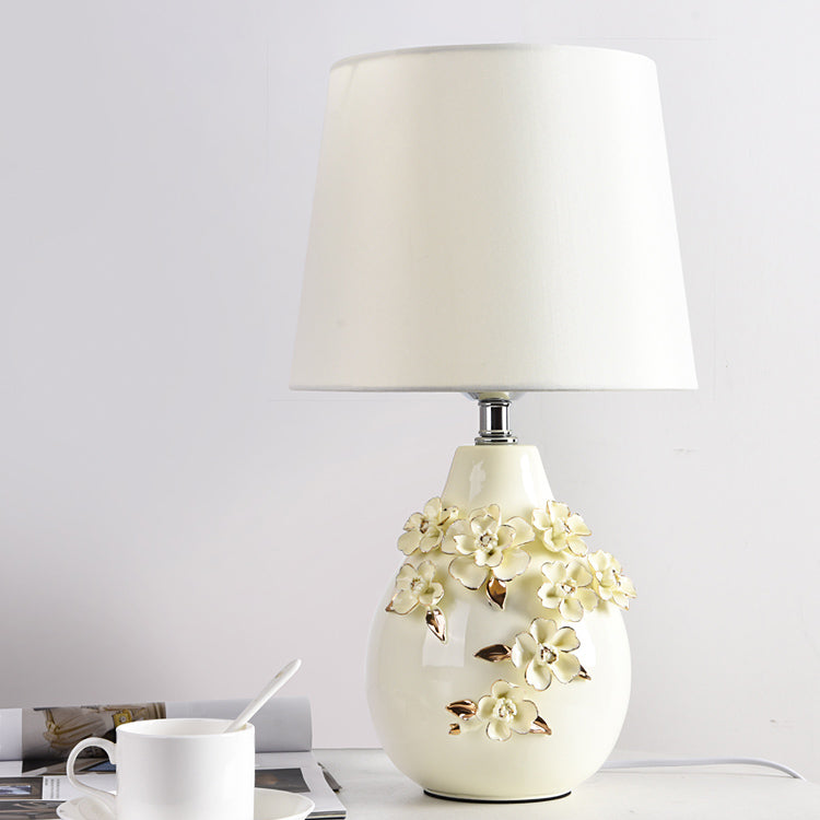 Contemporary Nordic Ceramic Fabric Floral Column 1-Light Table Lamp For Bedroom And Living Room