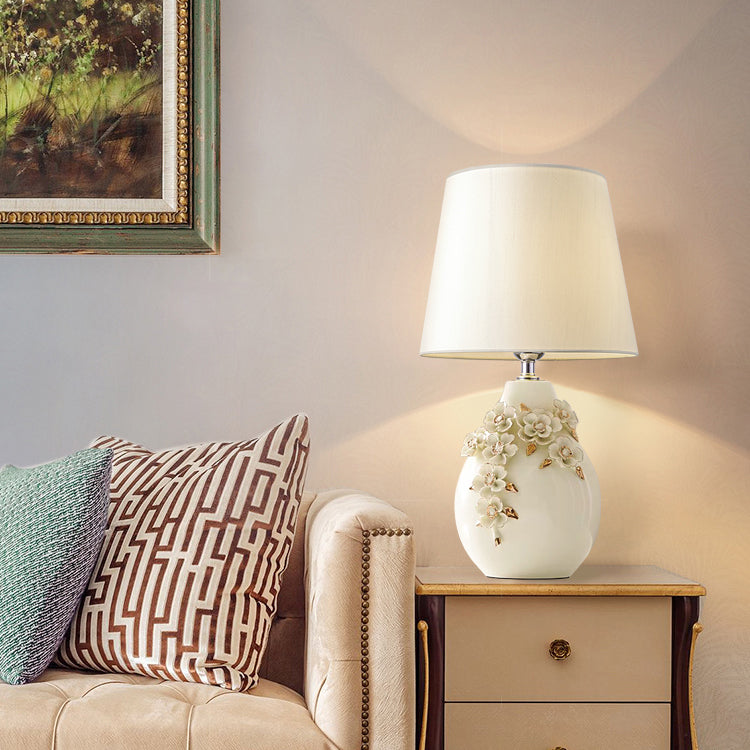 Contemporary Nordic Ceramic Fabric Floral Column 1-Light Table Lamp For Bedroom And Living Room