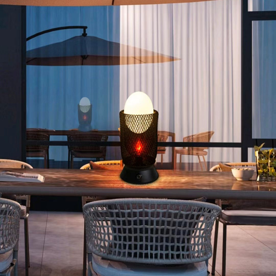 Contemporary Retro Iron And Glass Egg Cage Flame 1-Light LED Rechargeable Table Lamp Night Light For Bedroom And Dining Room