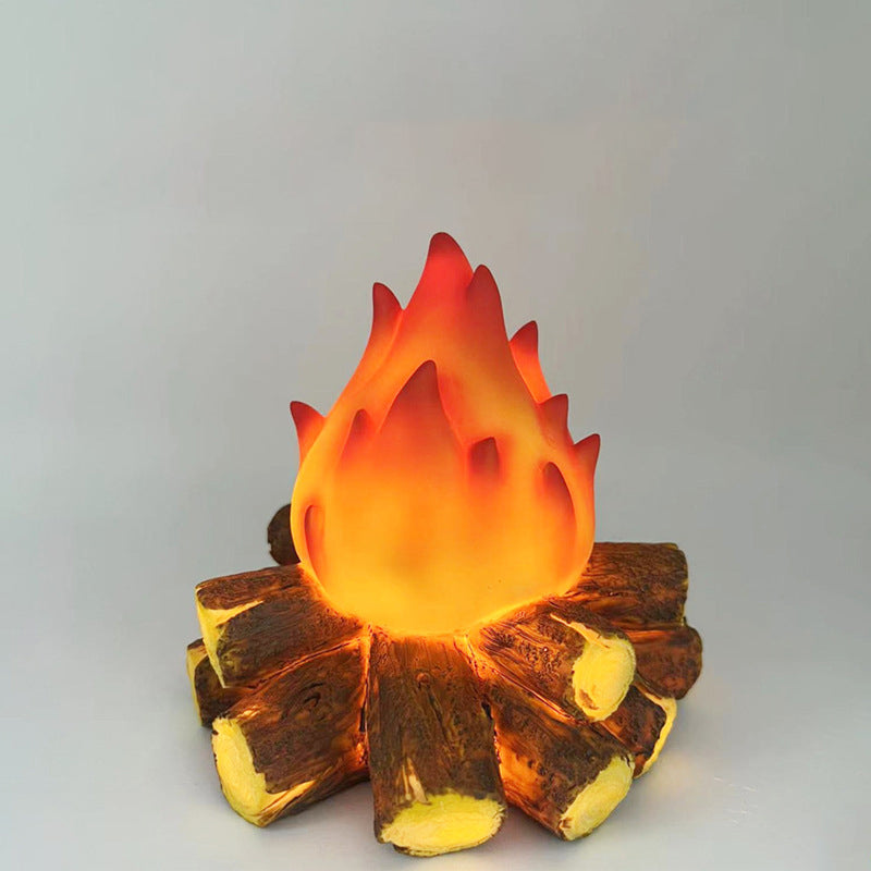 Modern Art Deco Battery Resin Simulated Firewood Flame LED Table Lamp Night Light For Bedroom
