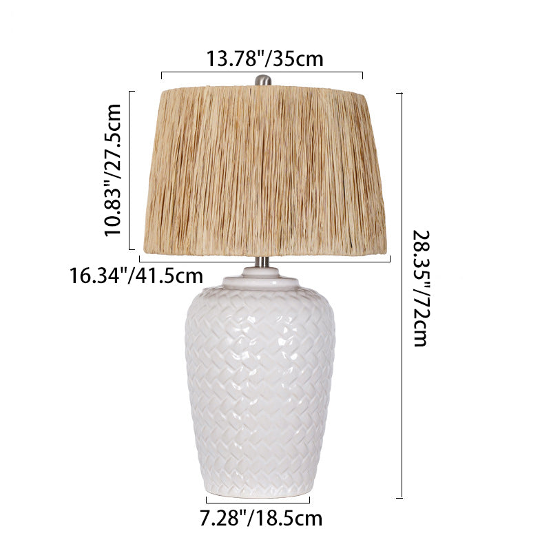 Traditional Rustic Ceramic & Raffia Grid Pattern Jar-Shaped 1-Light Table Lamp For Bedroom & Living Room
