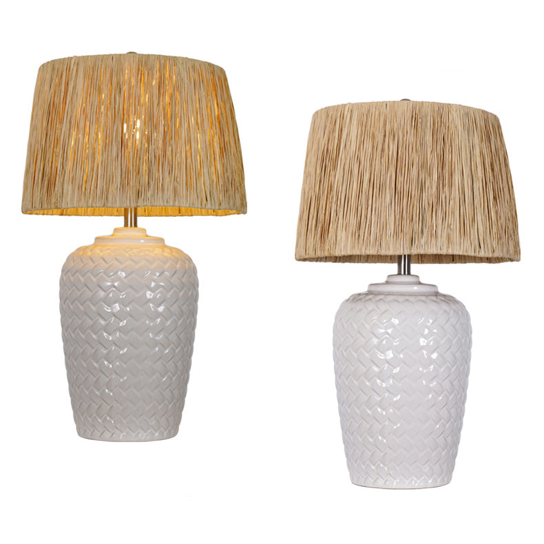 Traditional Rustic Ceramic & Raffia Grid Pattern Jar-Shaped 1-Light Table Lamp For Bedroom & Living Room